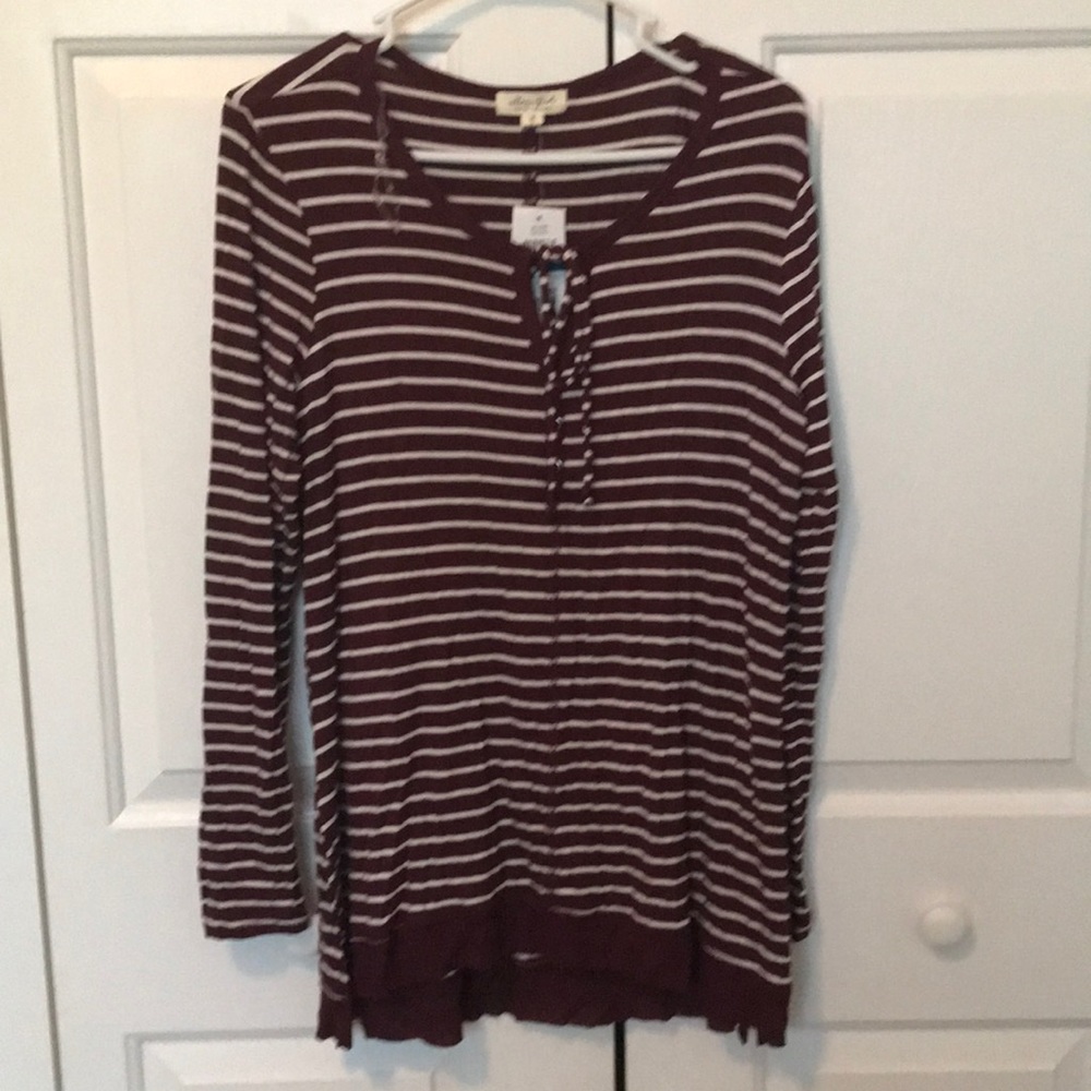 Long sleeved maroon and white striped tee NWT